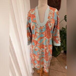 J.McLaughlin XL Paisley Print Tunic Dress Orange Teal 3/4 Sleeve